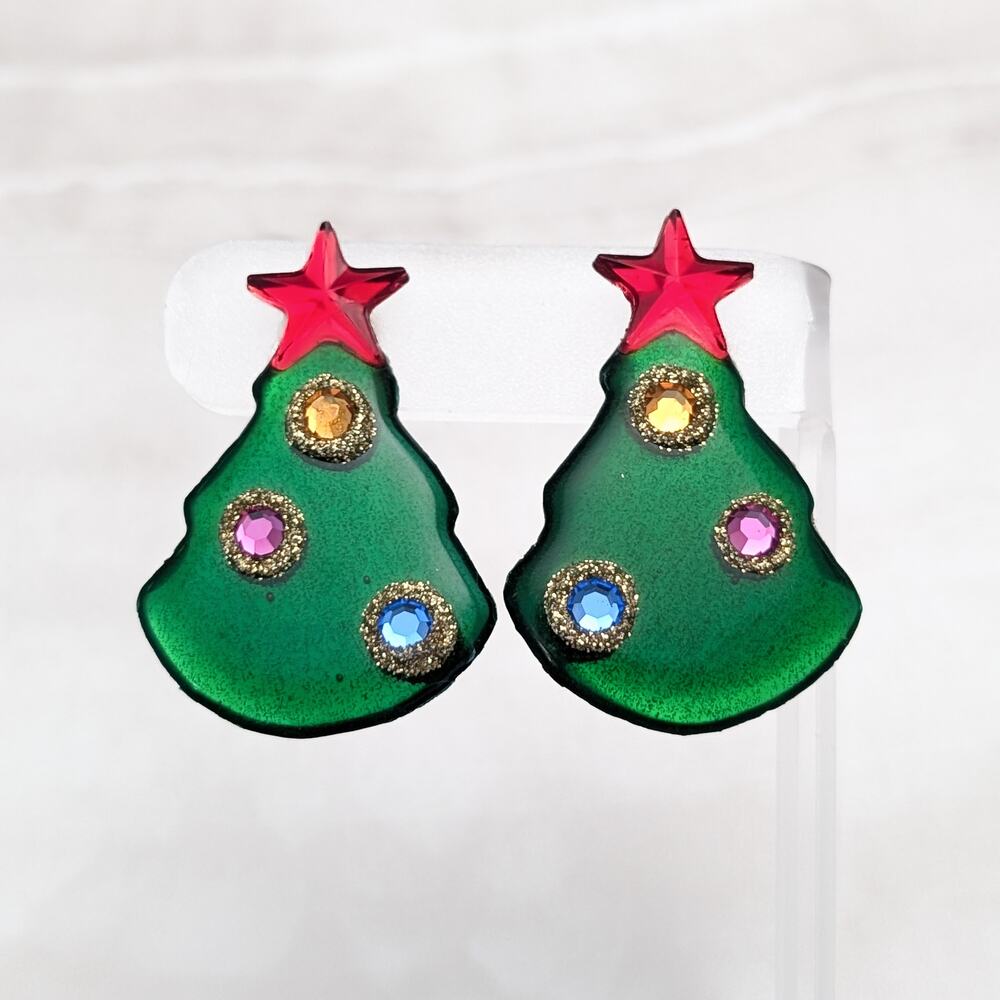 Vintage Clip On Earrings Christmas Tree Holiday Earrings Large Statement